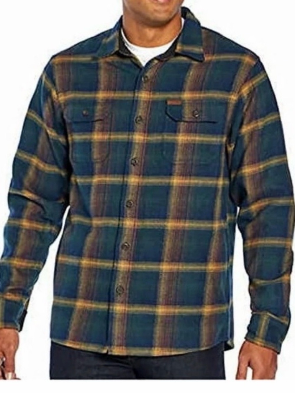 Orvis 100% Cotton Flannel Shirt Jacket Blue Plaid Yellow Green Large